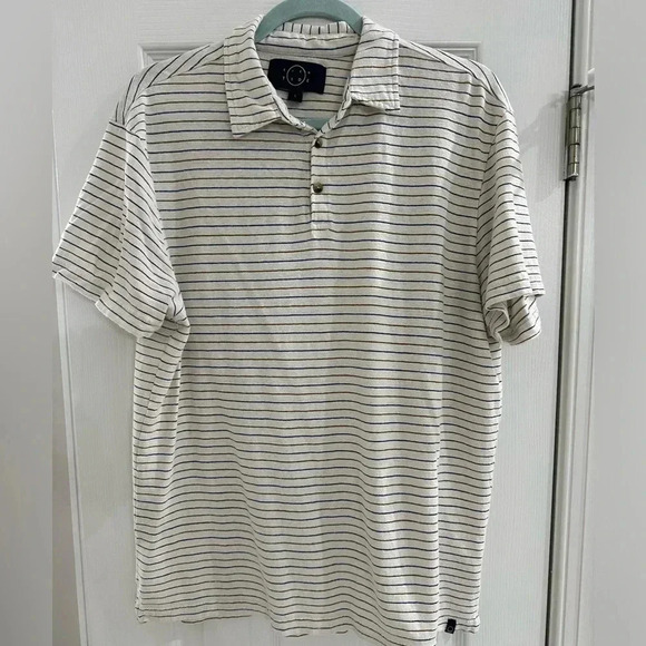 Even Tide Men’s Stripe Polo Shirt Size Large Fall Colors Blue Brown Stripe EUC - Picture 1 of 9